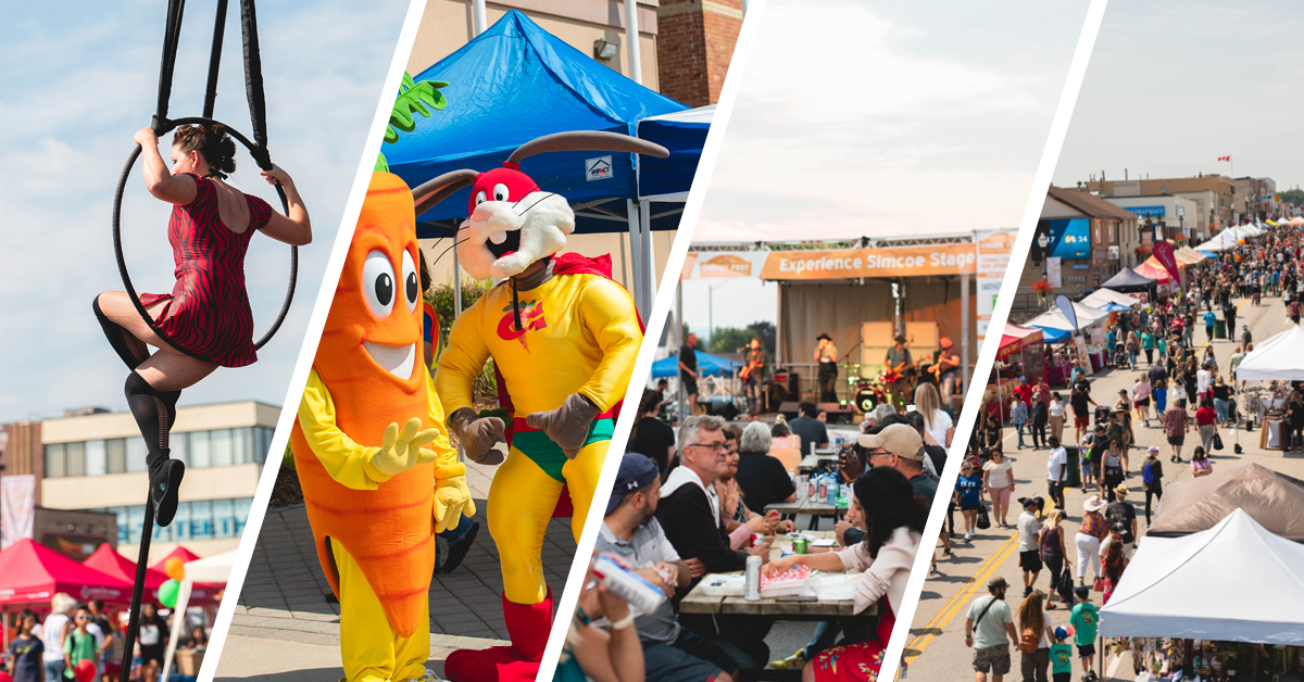 Collage of last years carrot fest activities including acrobatic performer and carrot mascot