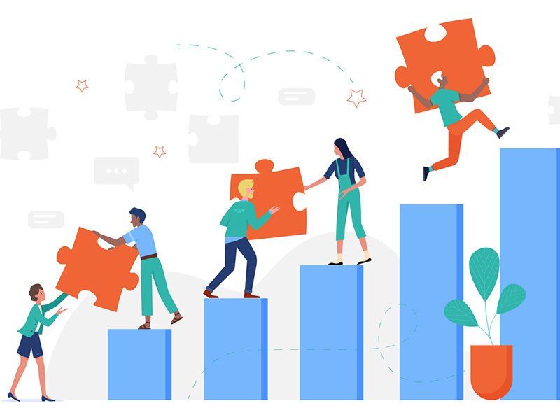 Image of bar graph and people passing puzzle pieces over them