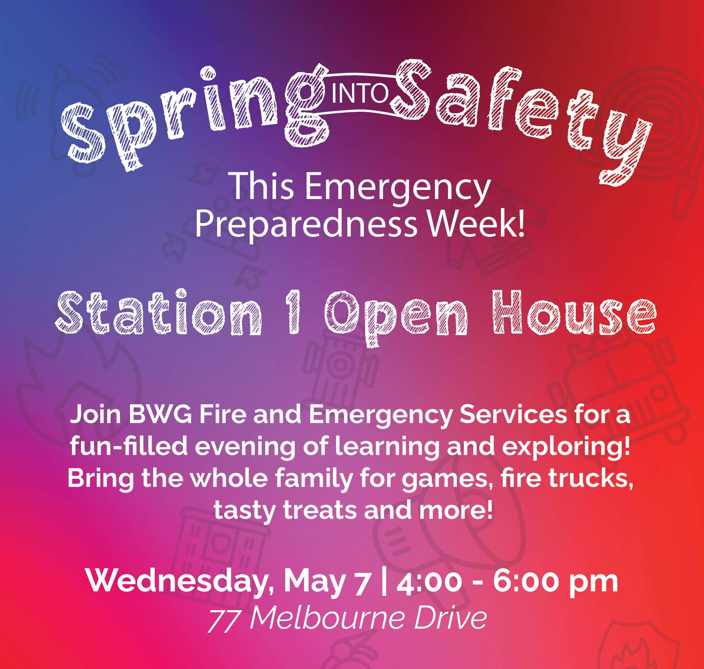Pink and purple poster advertising the Spring into Safety Open House