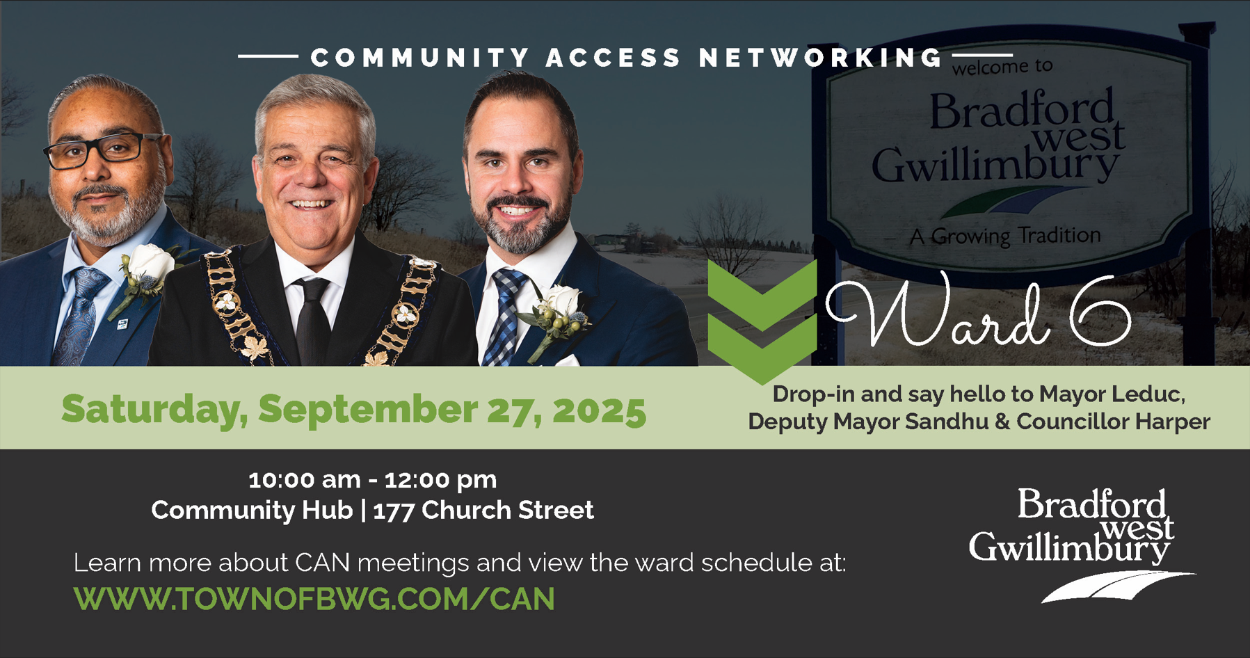 CAN meeting advertisement, featuring Mayor Leduc, Deputy Mayor Sandhu, and Councillor Harper