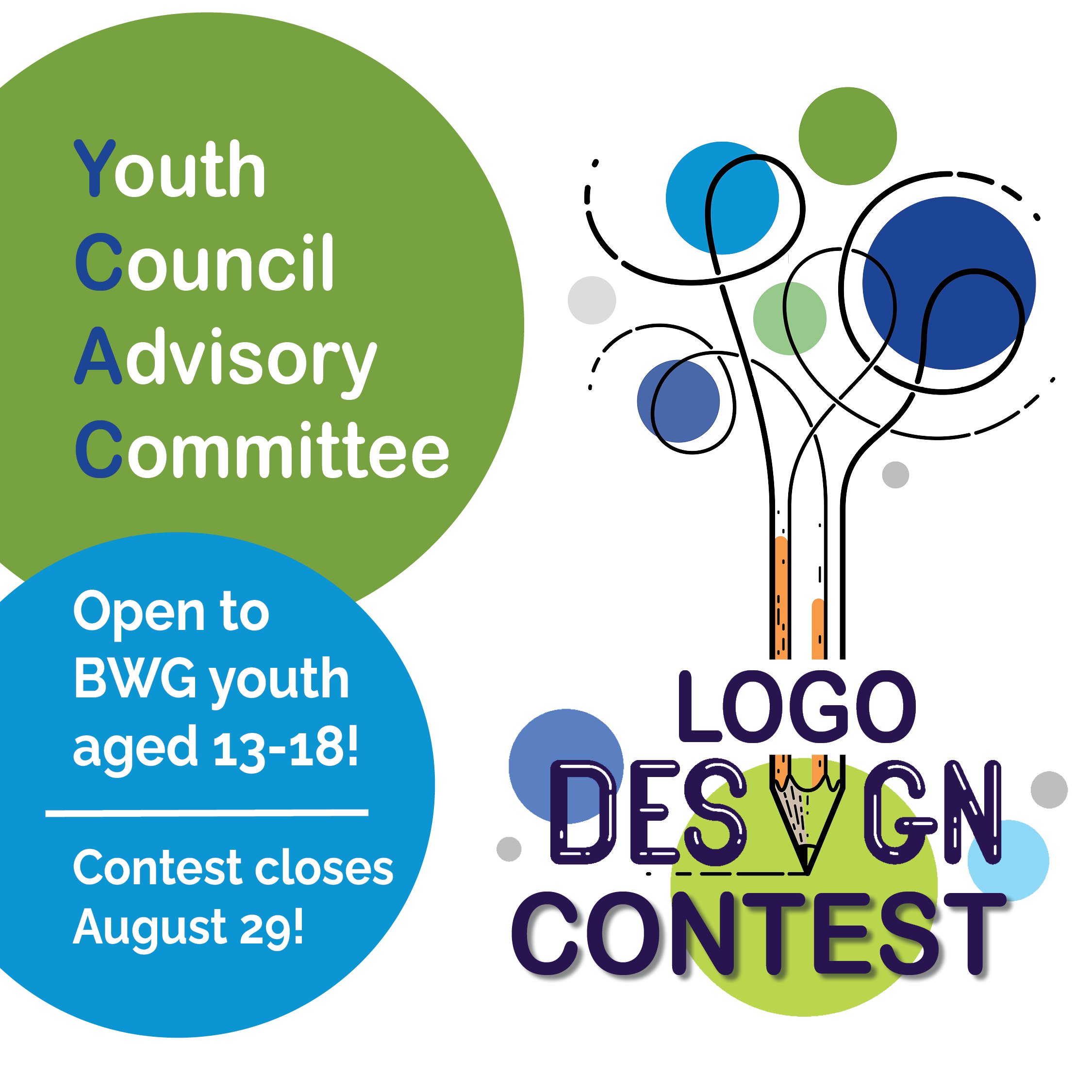 Poster for Youth Council Advisory Committee Logo Contest saying open to BWG youth 13–18. Includes creative pencil tree and contest details.