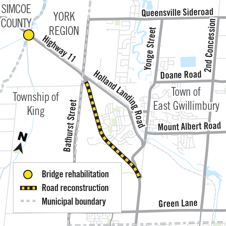Map highlighting road reconstruction on Holland River Bridge