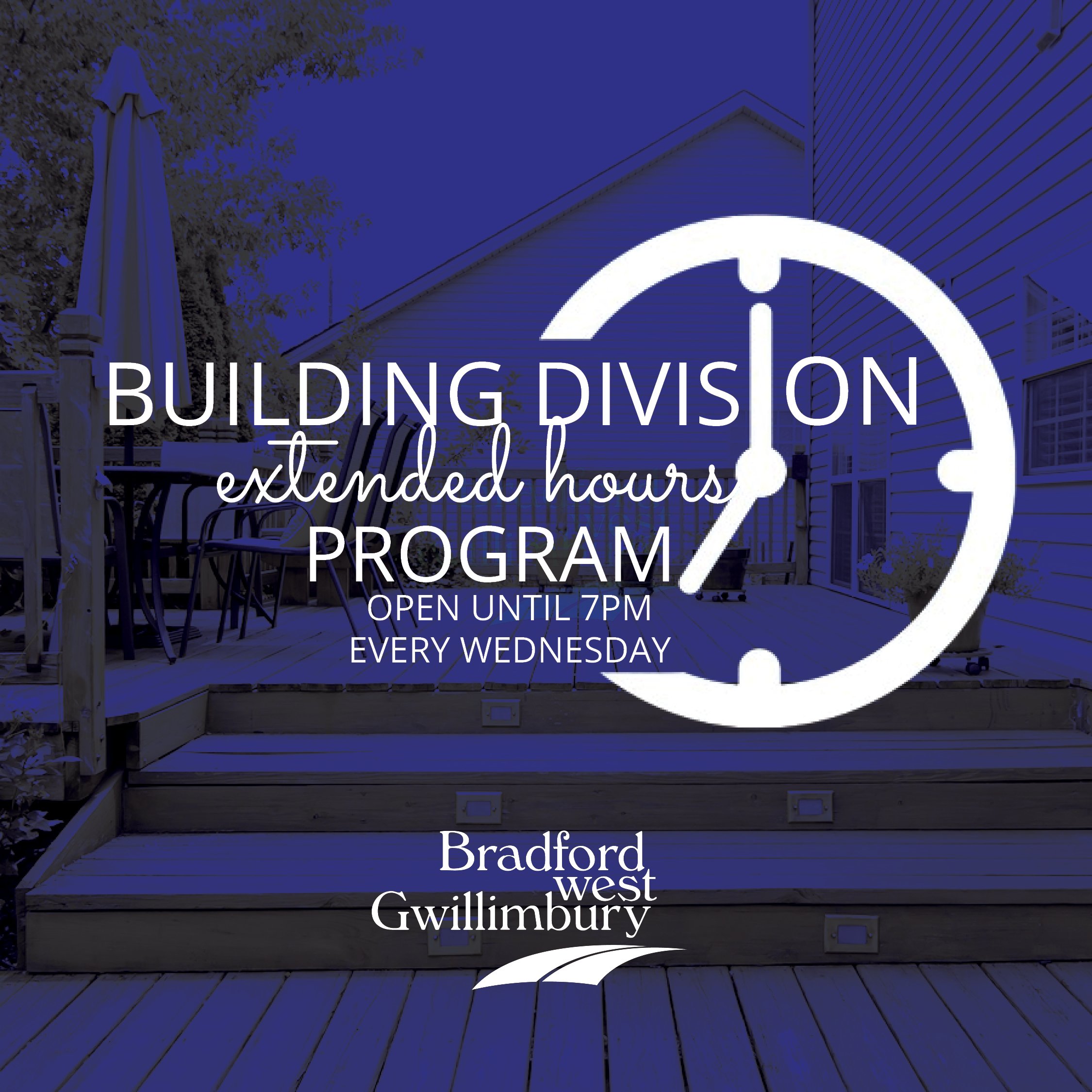 House with deck and graphic text displaying extended hours program information