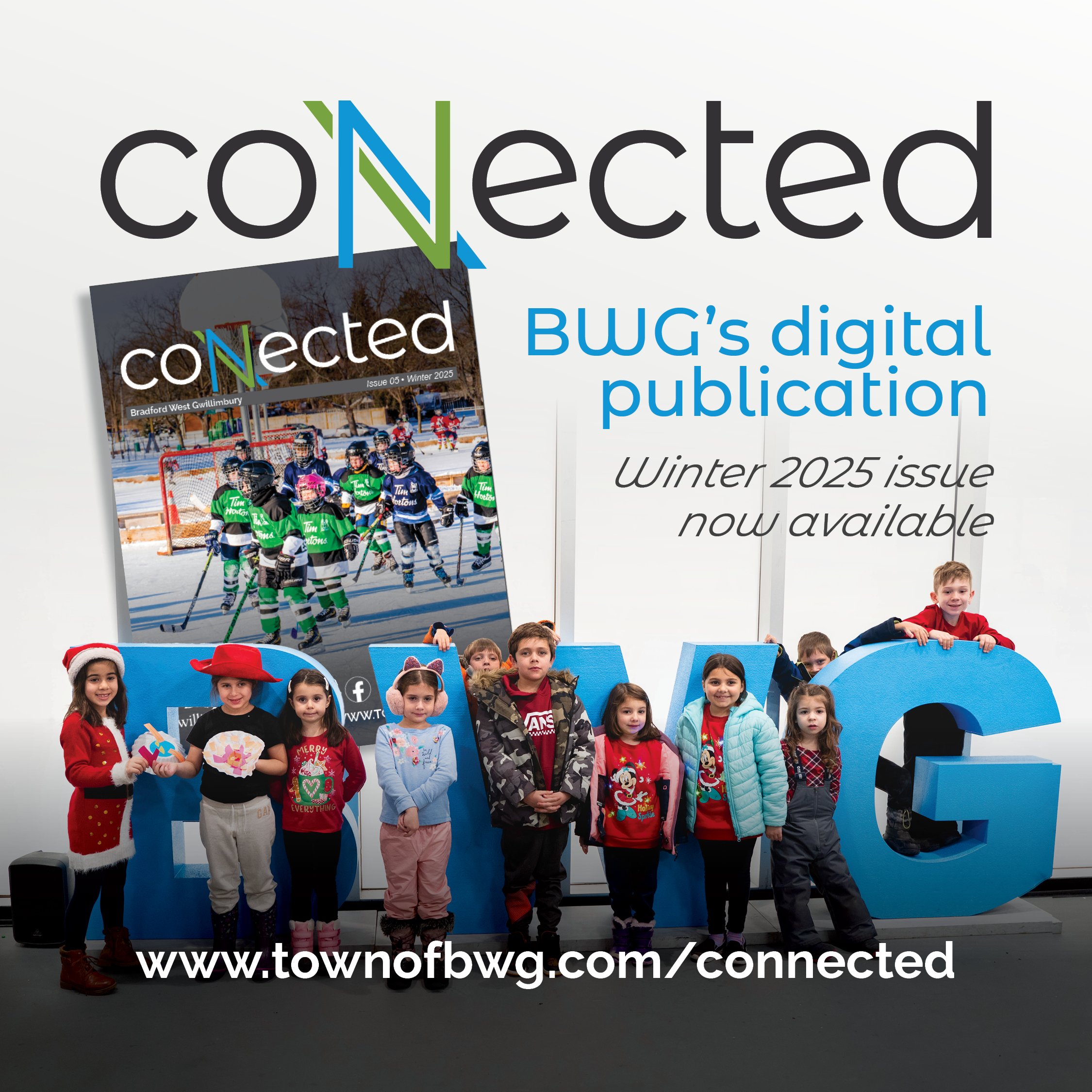 Kids in front of BWG sign with winter clothes on and the cover of Winter Connected 2025