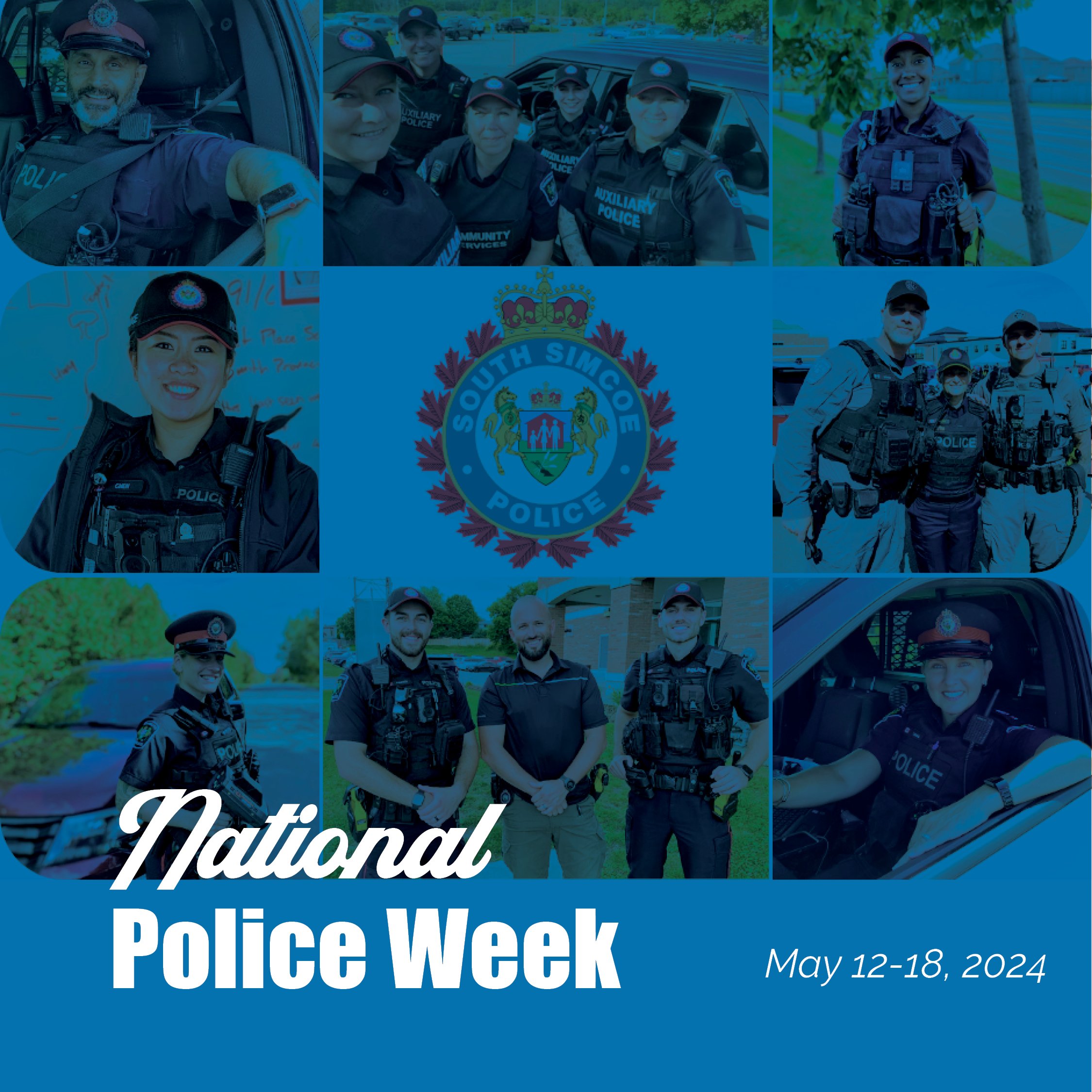 Collage of Simcoe Police Service members on duty and in uniform