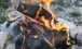 Up close image of an outdoor firepit with two marshmallows roasting over it